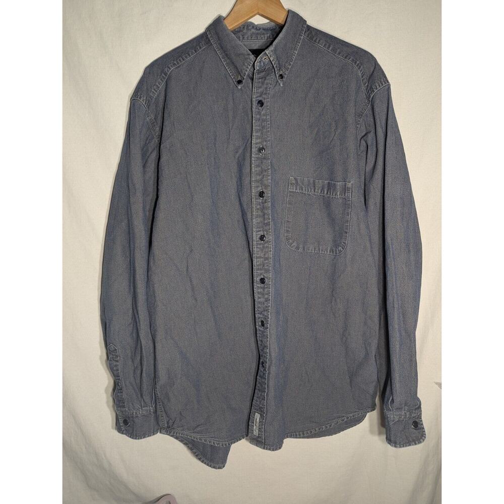 Eddie‎ Bauer Mens Denim Button Down Shirt Size LT iridescent Work Barn Chore